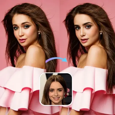 Professional AI photo face swap showing seamless blending with perfect lighting and skin tone matching.